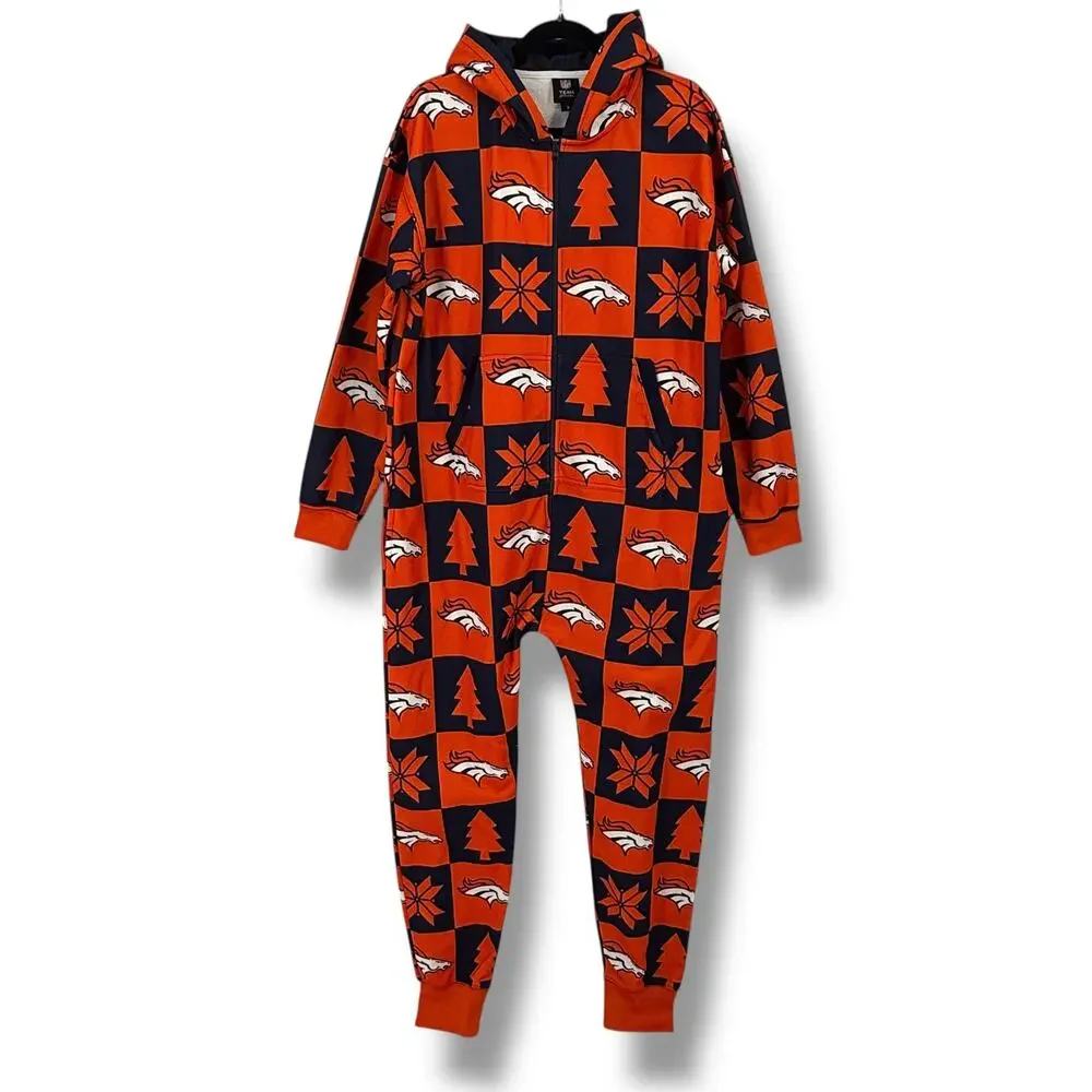 Denver Broncos NFL Football Hooded  Pajamas Suit Mens Sz  Small Orange Blue